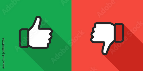 Like dislike illustration. Flat thumb gesture with long shadow for approve or reject feedback symbol. Bold green and red contrast for vote choice sign. Clean minimal rating action concept.