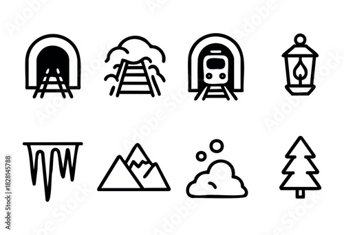 Various icons represent a tunnel, train tracks, a train, an ice structure, mountains, snow, and a tree in a simple, minimalist design, reflecting nature and transportation themes.