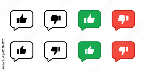 Chat bubble like icon. Chat reaction with thumbs up or down for quick approve or reject feedback vector. Social comment choice for UI communication sign. Clean minimal messaging concept pictogram.