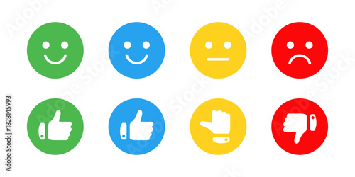 Emoticon feedback icon. Colorful smile, neutral and sad face reactions for rating and emotion evaluation vector. Like and dislike choices for UI voting sign. Clear expression concept pictogram.