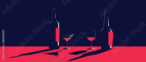 Nightclub poster, restaurant banner, wine bar, flat illustration, wine bottles, glasses, dark background, wine list. Party concept, nightclub, wine list, red wine, white, chardonnay, cabernet, drinkin