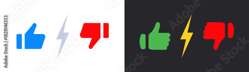 Like dislike banner. Split promo graphic with bright vote symbols and lightning divider vector. Contrast reaction layout for polls and opinion choice sign. Modern social communication concept.