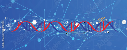 Futuristic hexagons, DNA strands, connected neural web, medical and science background