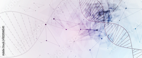 Futuristic hexagons, DNA strands, connected neural web, medical and science background