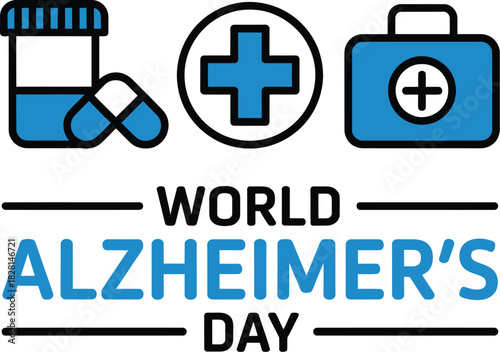 Illustration for world alzheimer's day with medicine and first aid kit icons