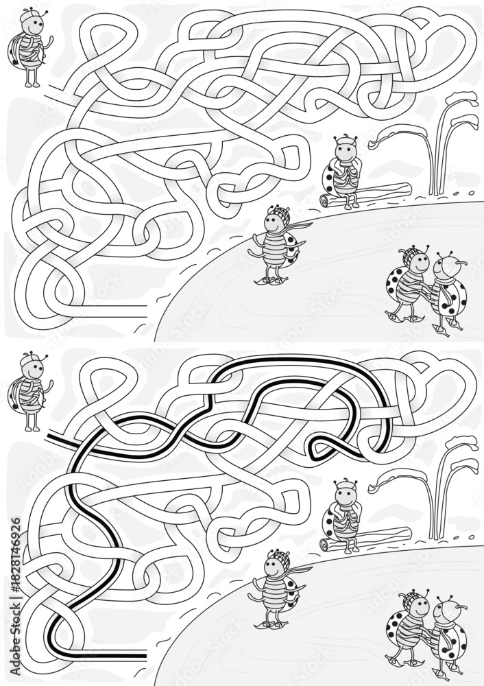 Fototapeta premium A vector illustration shows a ladybug navigating a winding blue maze to join its friends who are skating on the ice below - maze for kids with a solution in black and white