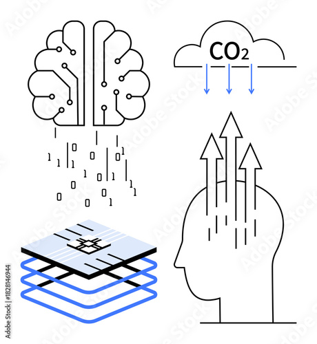 Artificial intelligence concept. Artificial intelligence through brain and data elements, with ties to CO2 reduction and sustainability . Artificial intelligence in technology, environment