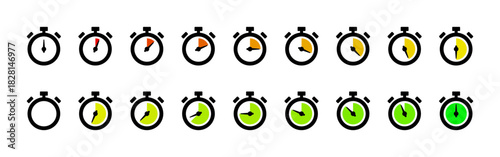Stopwatch timer icon set. Circular countdown clock with progressive color segments vector. Time tracking dial for workflow and productivity apps sign. Interval gauge for progress steps symbol.
