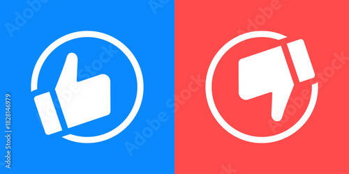 Like and dislike banner. Contrast circular buttons in blue and red for approval and rejection vector. Social feedback sign for ratings and user interactions symbol. Clean voting concept pictogram.