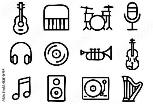 Collection of music icons in bold-line minimalist style: guitar, piano, drums, microphone, headphones, vinyl, violin, cello, note, speaker, turntable, and harp.