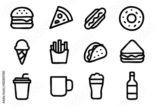 Set of food and drink icons in clean bold-line style: burger, pizza, hotdog, donut, ice cream, fries, taco, sandwich, soda, mug, beer, and bottle.