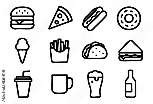 Set of food and drink icons in clean bold-line style: burger, pizza, hotdog, donut, ice cream, fries, taco, sandwich, soda, mug, beer, and bottle.