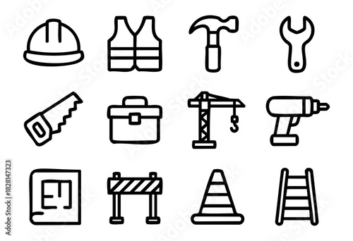 Set of construction icons in simple bold-line style: hard hat, safety vest, hammer, wrench, saw, toolbox, crane, drill, blueprint, barrier, cone, ladder.
