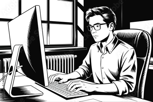 Man with glasses typing on a computer in an office setting in black and white