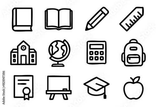 Set of education icons in simple bold-line style: book, open book, pencil, ruler, crayon, school building, globe, calculator, backpack, diploma, chalkboard, graduation cap, apple.