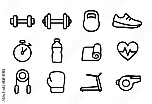 Set of fitness icons in simple bold-line style: dumbbells, kettlebell, sneakers, stopwatch, bottle, yoga mat, heart, jump rope, boxing glove, treadmill, whistle.