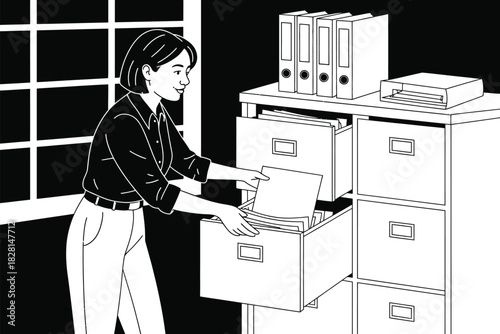 Woman organizing documents in filing cabinet near window illustration art