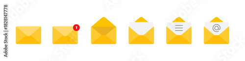 Envelope icon set. Closed, open and new message envelopes with notification badge and paper elements vector. Email communication set for inbox, alerts and contact actions sign. Modern postal concept.