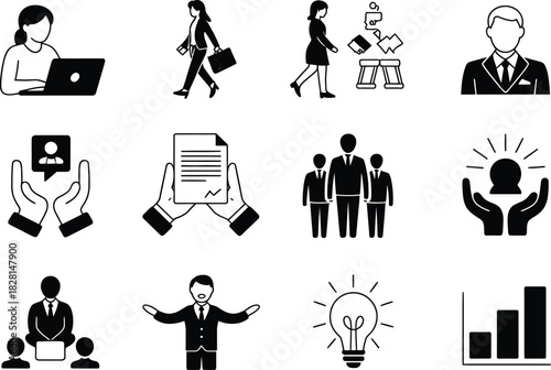 Collection of business themed icons including people and documents in black and white