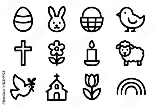 Set of Easter icons in simple bold-line style: egg, bunny, basket, chick, cross, flower, candle, lamb, dove, church, tulip, and rainbow.