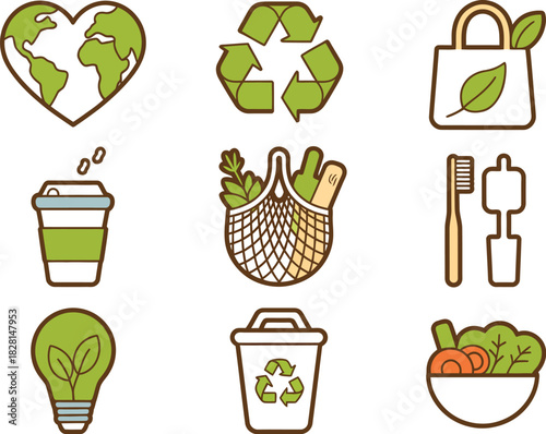Collection of eco friendly and sustainable lifestyle icons and illustrations