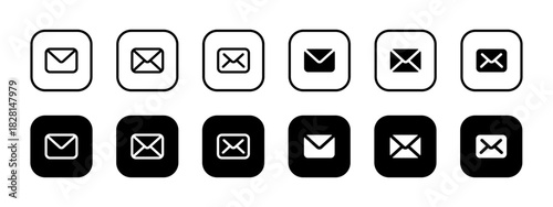 Mail button icon set. Envelope in rounded square frame for email and messages vector illustration. Interface button for apps and communication tools symbol. Simple correspondence pictogram concept.