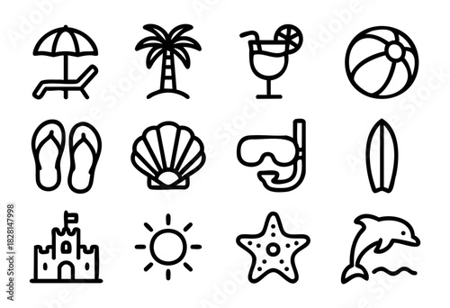 Set of beach and summer icons in simple bold-line style: umbrella, palm tree, cocktail, beach ball, flip-flops, shell, snorkel, surfboard, sandcastle, sun, starfish, and dolphin.