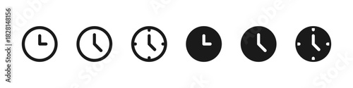 Clock icon set. Analog watch face with hour and minute hands vector illustration. Timekeeping element for apps, schedules, and reminders sign. Simple clockface pictogram concept.