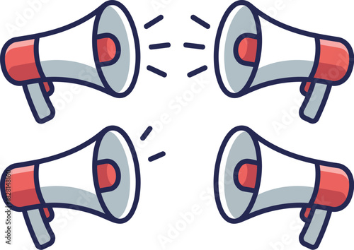 Four megaphones arranged in a square formation with sound waves emanating