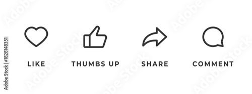 Feedback icon set. Heart, thumbs up, share arrow and comment bubble vector illustration. Clean outline style for media apps symbol. Minimal interface elements for user interaction sign.