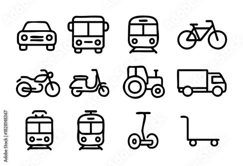 Set of land transport icons in simple bold-line style: car, bus, tram, bicycle, motorcycle, scooter, tractor, truck, trolley, segway, and train.