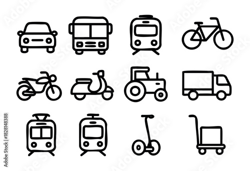 Set of land transport icons in simple bold-line style: car, bus, tram, bicycle, motorcycle, scooter, tractor, truck, trolley, segway, and train.