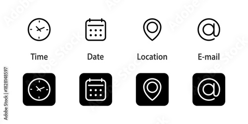 UI icon set. Calendar, location pin and email at-sign elements combined for scheduling vector illustration. Event planning symbol. Navigation and communication sign. Modern interface concept pictogram