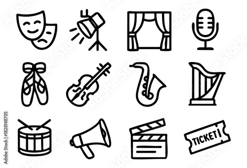 Set of performing arts icons in simple bold-line style: masks, spotlight, curtain, microphone, ballet shoes, violin, saxophone, harp, drum, megaphone, clapperboard, and ticket.