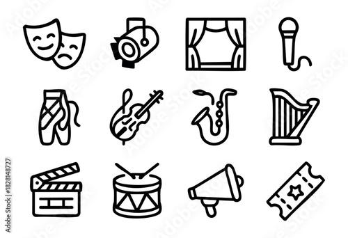 Set of performing arts icons in simple bold-line style: masks, spotlight, curtain, microphone, ballet shoes, violin, saxophone, harp, drum, megaphone, clapperboard, and ticket.
