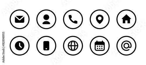 Communication icon set. Email, user, phone, location, home and other solid symbols in bold circle style vector illustration. Communication interface element sign. Modern web navigation pictogram.