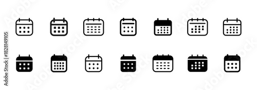 Calendar icon set. Minimal date planner symbols in outline and filled styles vector illustration. Schedule element for marking events sign. Modern agenda interface pictogram concept.