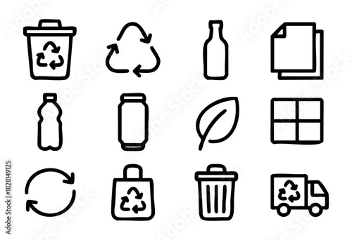 Set of recycling icons in minimalist bold-line style: trash bin, recycle symbol, glass bottle, paper, plastic, can, leaf, fabric bag, truck.