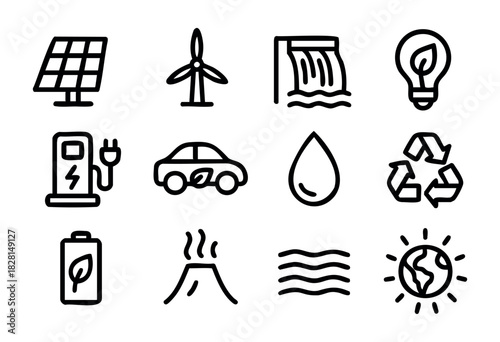 Set of renewable energy icons in simple bold-line style: solar panel, wind turbine, hydro dam, eco light bulb, electric car, charging station, battery, geothermal, waves, earth, recycle symbol, water 