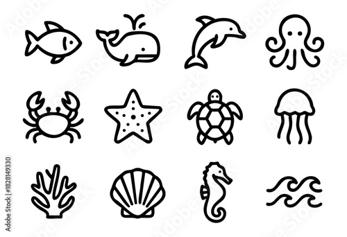 Set of ocean life icons in simple bold-line style: fish, whale, dolphin, octopus, crab, starfish, turtle, jellyfish, coral, shell, seahorse, waves.