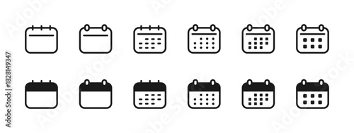 Calendar icon set. Monthly planner with rings and various day-grid layouts vector illustration. Useful schedule element for marking events sign. Clean organizer layout pictogram concept.