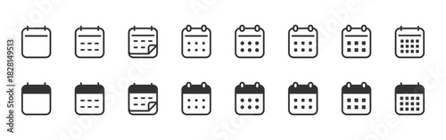 Calendar icon set. Monthly date grid with planner marks for schedule vector use. Event overview for office tasks symbol. Minimal UI set for organization sign. Modern planning tool pictogram concept.
