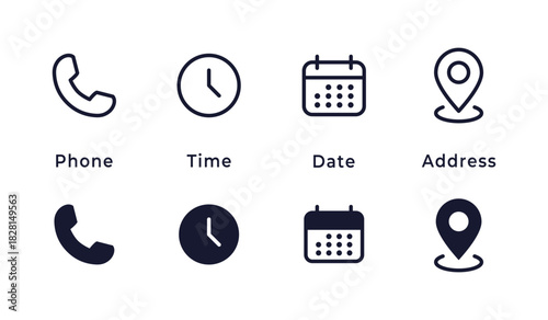 Contact icons. Phone, time, date and address symbols for communication vector illustration. Navigation and scheduling elements for interface design symbol. Modern contact info set for apps sign.