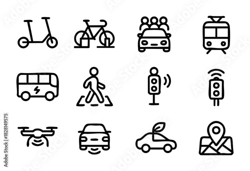 Set of smart city icons in simple bold-line style: e-scooter, bike sharing dock, carpool, tram, electric bus, charging station, pedestrian crosswalk, smart traffic light, city drone, parking sensor, e