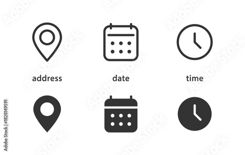 UI icons. Address pin with calendar and clock elements for scheduling vector illustration. Navigation and planning tools for event organization symbol. Time and date markers for interfaces sign.