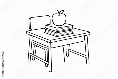 Black-and-white line drawing of school desk with stacked books and apple. Clean, symbolic design ideal for education, editorial, and institutional graphic use.