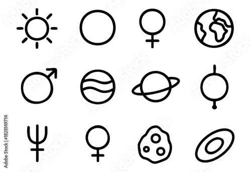Set of solar system icons in simple bold-line style: sun, moon, Venus, Earth, Mars, Jupiter, Saturn, Uranus, Neptune, Pluto, asteroid, ring planet.