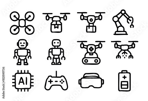 Set of robotics and drones icons in simple bold-line style: drone, delivery drone, camera drone, robotic arm, humanoid robot, rover, farming drone, AI chip, controller, VR headset, battery.