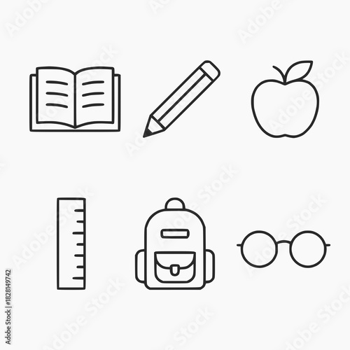 Black-and-white line icons of book, pencil, apple, backpack, ruler, and eyeglasses. Clean and symbolic design ideal for education, editorial, and institutional use.