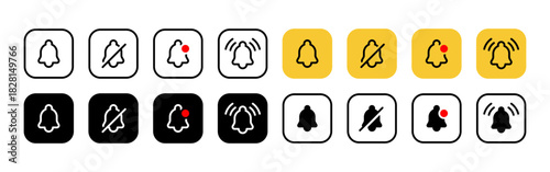 Notification icon set. Bell alert with optional silence and badge variations vector illustration. App interface symbol for reminders and message alerts sign. Mobile UI concept pictogram.